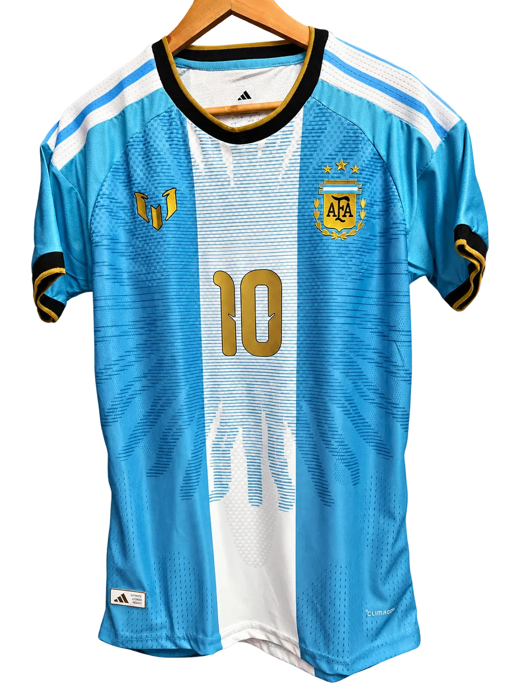 Front of the signed shirt on a hanger