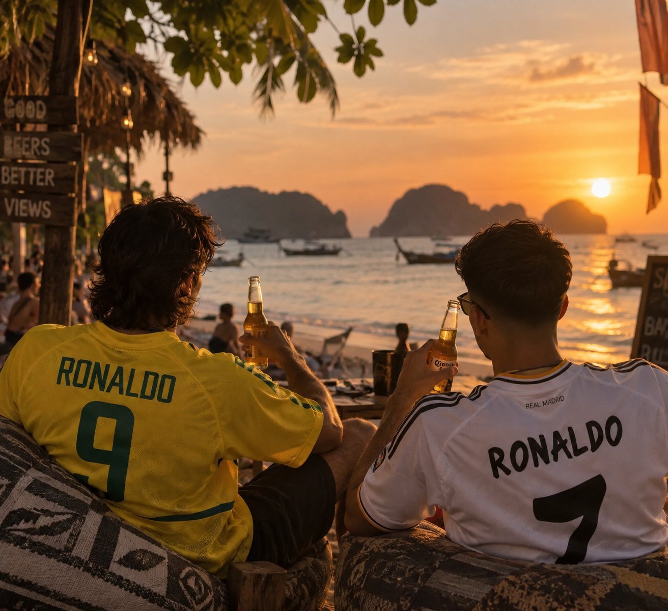 Two supporters watching the sunset in Brazil and Real Madrid Ronaldo shirts