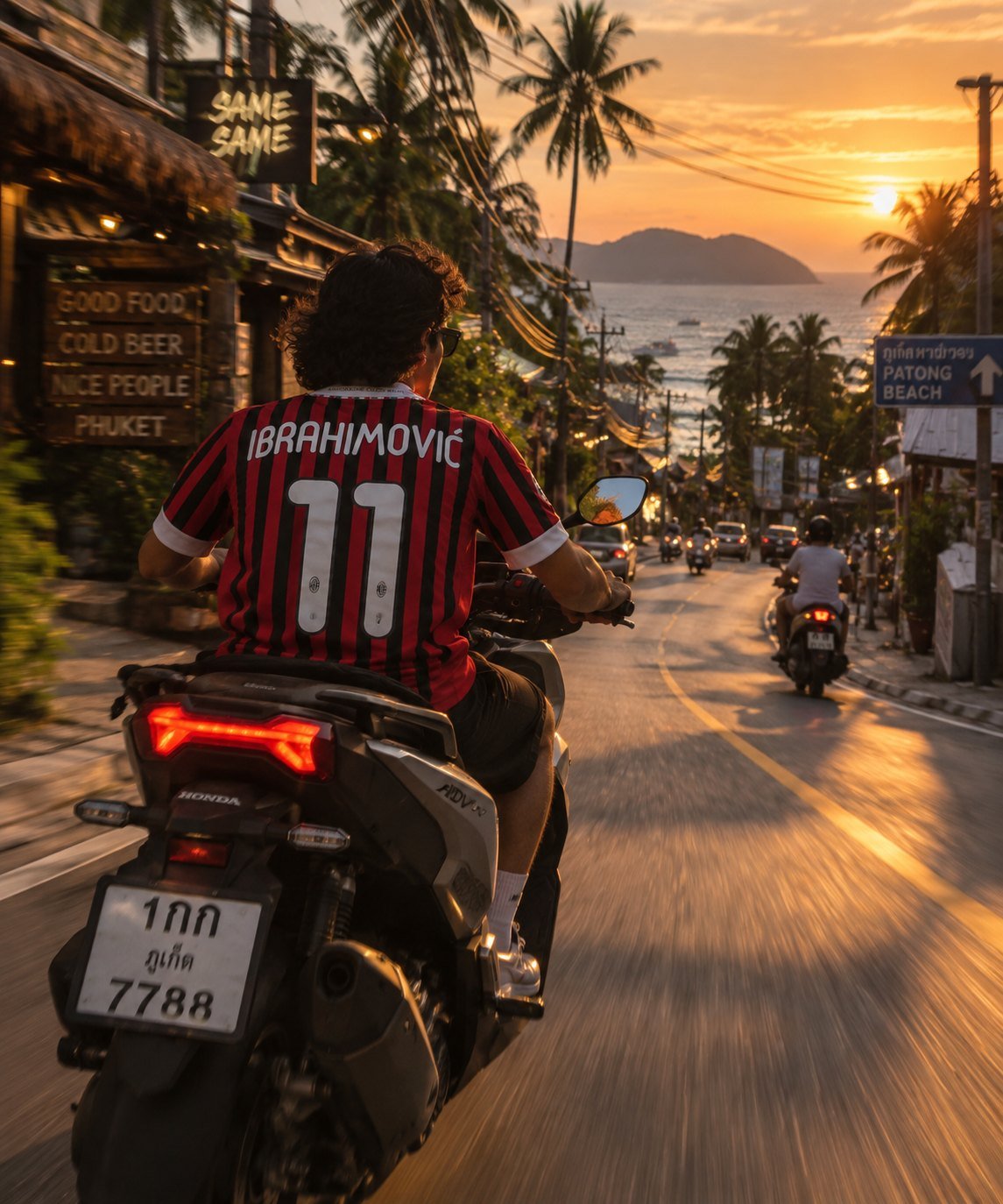 A supporter riding through Phuket at sunset in an AC Milan Ibrahimovic number 11 shirt