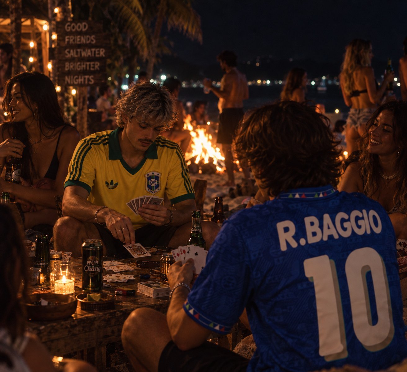 Friends around a beach bonfire wearing Brazil and Italy Baggio shirts
