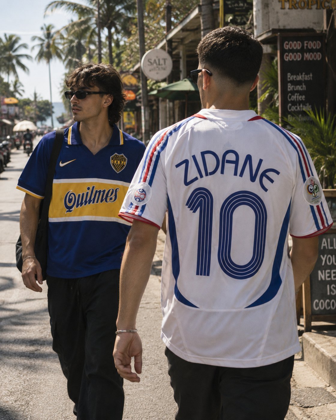 Two supporters walking a street in a France Zidane shirt and a Boca Juniors shirt