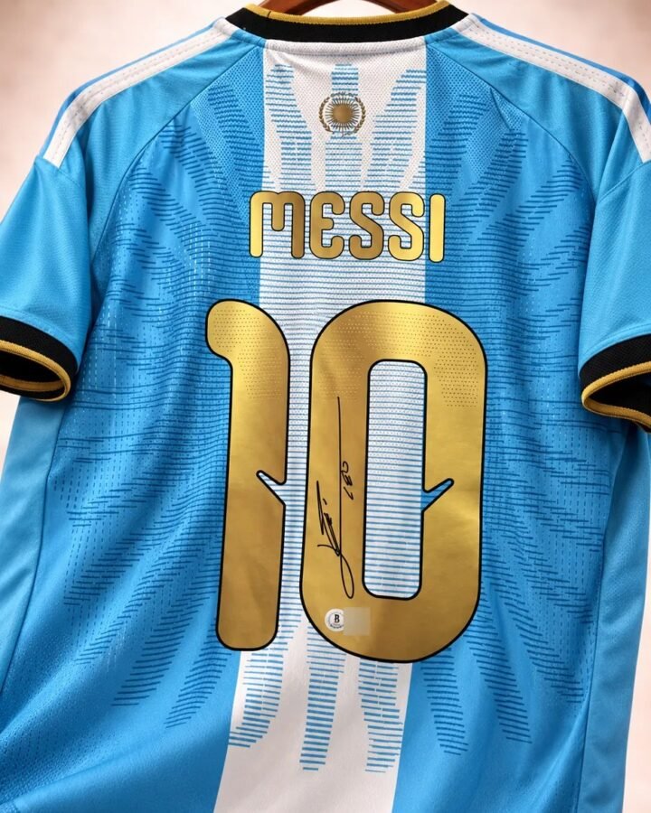 Back of the Argentina shirt with gold MESSI 10, signed in black marker across the 1 and 0