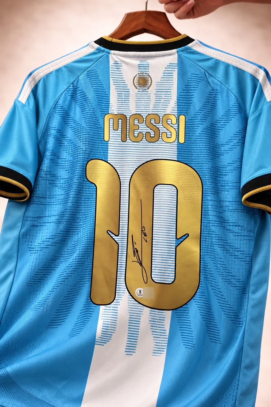 Back of the Argentina shirt with gold MESSI 10, signed in black marker across the 1 and 0